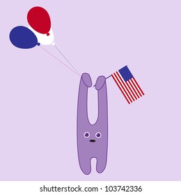 Greeting card with cute violet bunny holding American flag and balloons with his ears