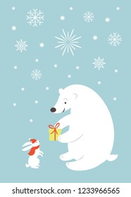 Tarjeta de saludo, oso blanco lindo y conejo pequeño