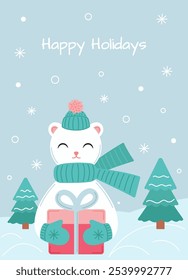 Greeting card with a cute white bear holding a gift box. Hand drawn illustration with happy bear, gift, snow and warm wishes for Christmas poster or card design.