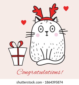 Greeting card with a cute white cat with deer horns and a gift. Word - Congratulations. Vector. Line, outline. Cute sketch card with holiday design