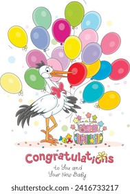 Greeting card with a cute white stork with colorful balloons and a fancy birthday cake with sweet candies, vector cartoon illustration on a white background