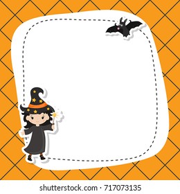 Greeting card with cute witch. Vector background. Happy Halloween.