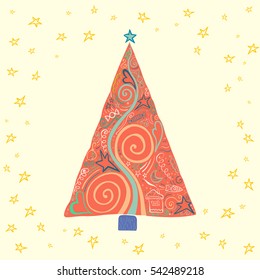 Greeting card with cute xmas tree, stars, moon and house. Hand drawn.
