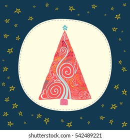 Greeting card with cute xmas tree, stars, moon and house. Hand drawn.
