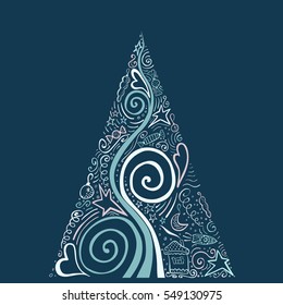 Greeting card with cute xmas tree, stars, moon and house. Hand drawn.