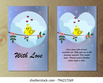 greeting card with cute yellow bird sitting on a branch with flowers. Cute sparrow with hearts on sky background