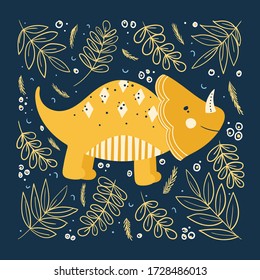 

Tarjeta de saludo con un lindo dinosaurio amarillo. Ilustración vectorial.