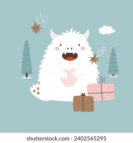 Greeting card with cute yeti monster sitting with gift boxes. Adorable character in a forest. Great for Greeting cards, kids prints, posters