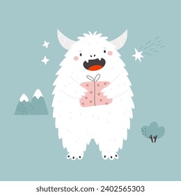 Greeting card with cute yeti monster holding a gift box. Adorable character for winter holidays. Great for Greeting cards, kids prints, posters