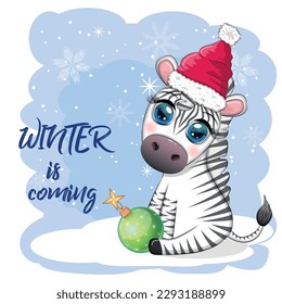 Greeting card with cute zebra in santa hat with christmas ball, candy kane, gift. The winter is coming. Wildlife holidays cartoon character.