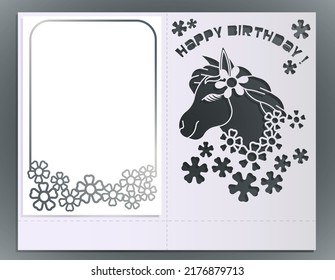 Greeting card with a cutting unicorn background. Template for laser cutting. Unicorn with a long mane. Carved paper design for postcards, invitations, decor elements.