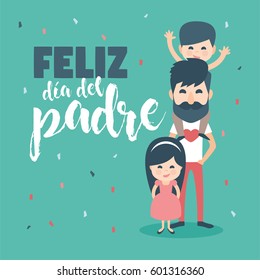 Greeting card. Dad with Beard and children. Happy Father´s day written in Spanish
