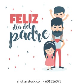 Greeting card. Dad with Beard and children. Happy Father´s day written in Spanish
