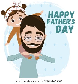 Greeting card. Dad with Beard. Happy Father's day card design. Vector illustration, happy father with a daughter