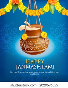 Greeting card with Dahi Handi (pot with cream) for Hindu festival Krishna Janmashtami (birth of Lord Krishna). Vector illustration.