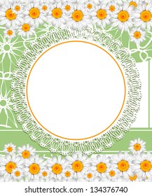 Greeting card with daisies and abstracts background. Chamomile flower.