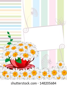 Greeting card with daisies and abstracts background. Chamomile flower.