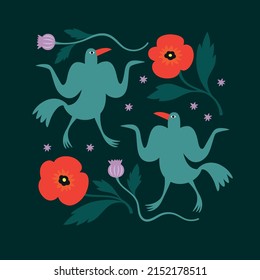 Greeting card with dancing birds and red flowers on a black background