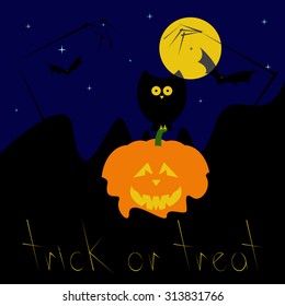 Greeting card with dark blue starry sky, big yellow moon, black owl sitting on pumpkin with creepy face placed in lava, zombie hands, spider hanging on it, flying bats, yellow lettering trick or treat