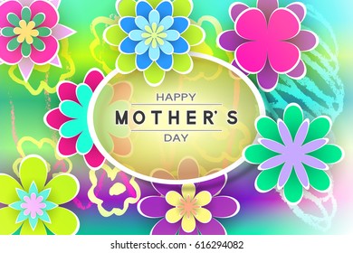 Greeting Card Mother’s Day Beautiful Template with Paper Flowers and Decorative Letters for Design Stock Vector Illustration