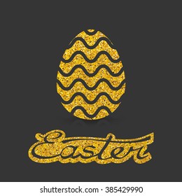 Greeting card with day of Easter. Glittering Golden egg and the words happy Easter