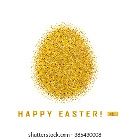 Greeting card with day of Easter. Glittering Golden egg and the words happy Easter