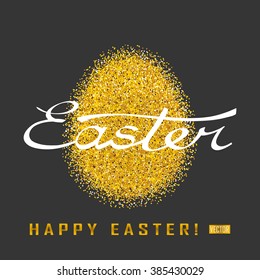 Greeting card with day of Easter. Glittering Golden egg and the words happy Easter