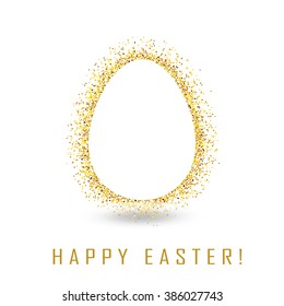 Greeting card with day of Easter. Glittering Golden egg and the words happy Easter