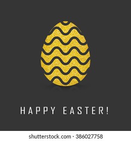 Greeting card with day of Easter. Glittering Golden egg and the words happy Easter