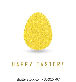 Greeting card with day of Easter. Glittering Golden egg and the words happy Easter