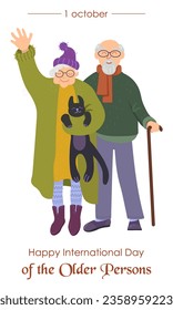 Greeting card for the day of the elderly. Elderly couple, grandma holding cat and waving hand, grandpa with badik.Vector illustration