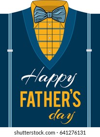 Greeting card for the day of the father. Illustration with a shirt in a box, a bow-tie, a jumper and suspenders. Unique design for a poster, greeting card, advertising.Happy father's day.