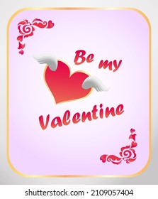 Greeting card for Valentine’s day with flying hot pink heart. Be my valentine banner
