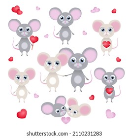 Greeting card for Valentine’s Day. Mouse. Romantic background with hearts.
Cute cartoon characters.
Vector illustration. Wedding invitation card design