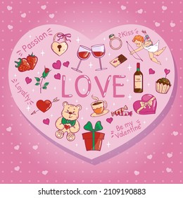 Greeting Card for Valentine’s Day with set of romantic elements, vector illustration, eps10