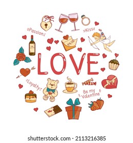 Greeting Card for Valentine’s Day with set of romantic elements, vector illustration, eps10