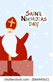 Greeting card for the day of St. Nicholas. Sinterklaas. Winter religious holiday. St. Nicholas or Mikulas.