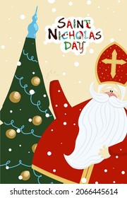 Greeting card for the day of St. Nicholas. Sinterklaas. Winter religious holiday. St. Nicholas or Mikulas.