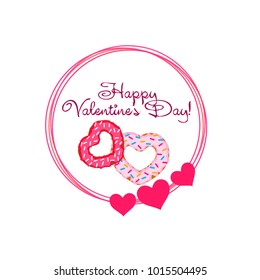 Greeting card day of St. Valentine. Abstract design, donuts in the form of heart, hearts, gifts, vector.