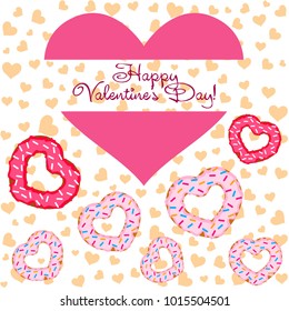 Greeting card day of St. Valentine. Abstract design, donuts in the form of heart, hearts, gifts, vector.
