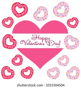 Greeting card day of St. Valentine. Abstract design, donuts in the form of heart, hearts, gifts, vector.