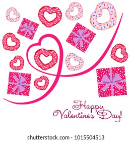 Greeting card day of St. Valentine. Abstract design, donuts in the form of heart, hearts, gifts, vector.