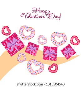 Greeting card day of St. Valentine. Abstract design, donuts in the form of heart, hearts, gifts, vector.