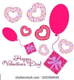 Greeting card day of St. Valentine. Abstract design, donuts in the form of heart, hearts, gifts, vector.