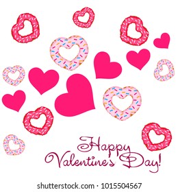 Greeting card day of St. Valentine. Abstract design, donuts in the form of heart, hearts, gifts, vector.