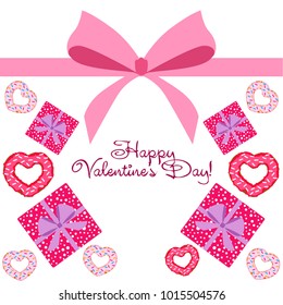 Greeting card day of St. Valentine. Abstract design, donuts in the form of heart, hearts, gifts, vector.
