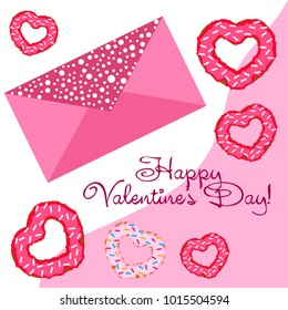 Greeting card day of St. Valentine. Abstract design, donuts in the form of heart, hearts, gifts, vector.