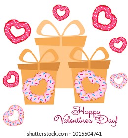 Greeting card day of St. Valentine. Abstract design, donuts in the form of heart, hearts, gifts, vector.