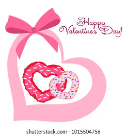 Greeting card day of St. Valentine. Abstract design, donuts in the form of heart, hearts, gifts, vector.