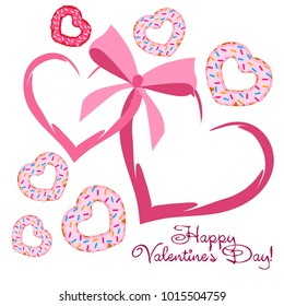 Greeting card day of St. Valentine. Abstract design, donuts in the form of heart, hearts, gifts, vector.